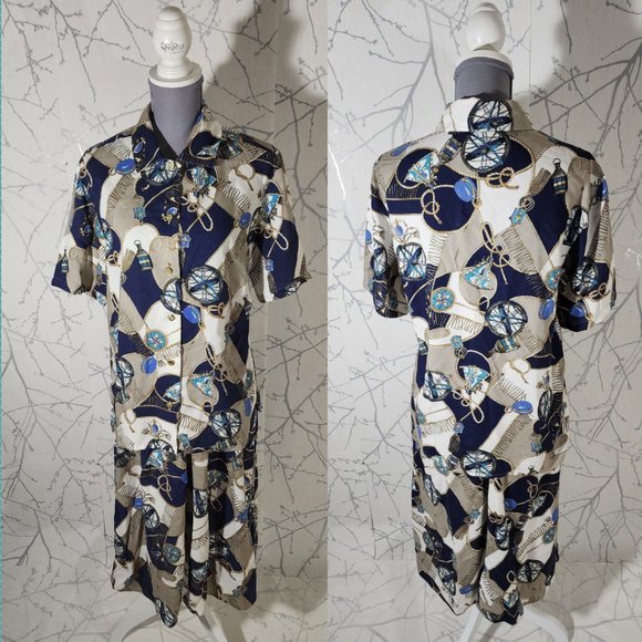 St. Michael VTG Nautical Sailing Printed Pleated Midi Skirt Set - Picture 6 of 7